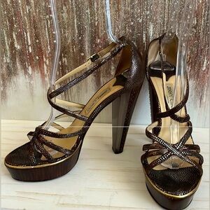 EUC Jimmy Choo Brown Leather Metallic & Lucite Trim Platform Heels Size 40.5